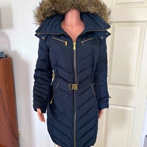 MICHAEL KORS - L Women's Faux-Fur-Trim Hooded Belted Chevron Down Puffer Coat